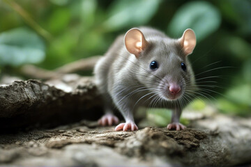 gray rat out peeking sitting close mammal small background look head young nature whisker fur hole hair paw box face spot animal grey eye closeup nose ear hairy wooden
