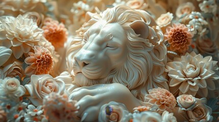 A lion made of white marble laying in a bed of flowers