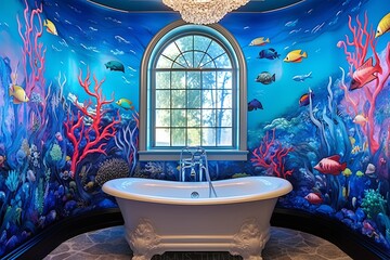 Tropical Fish Decals & Azure Blue Walls: Undersea Mermaid Bathroom Themes - obrazy, fototapety, plakaty