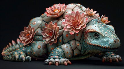 A realistic rendering of a green and blue turtle with pink and white flowers growing out of its back.