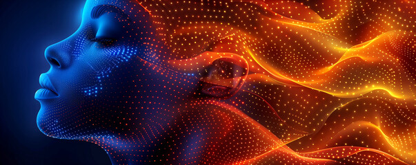 Fototapeta premium Electric blue waves and particles surround a womans face in a closeup painting