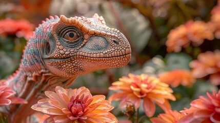 Naklejka premium A small dinosaur stands in a field of flowers, looking around curiously. The dinosaur is green and brown, with a long tail and sharp teeth. The flowers are red, orange, and yellow. The background is a
