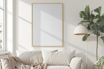 Scandinavian style living room with poster mockup created with generative ai