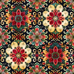 Seamless pattern, A gorgeous oriental paradigm, a combination of oriental patterns and gorgeous colors. Symbolic elements of the East, such as red lotus, dragon, and lotus, are repeated. - obrazy, fototapety, plakaty