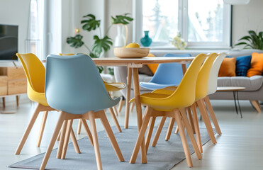 Bright pastel colors, dining room with sofa and chairs in the background, light gray floor, wooden table and colorful chairs