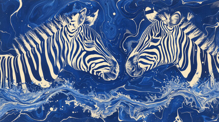 Fototapeta na wymiar Two zebras are in the water, one is looking at the other. The painting is blue and white