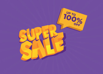 Super Sale 100, purple banner with lilac rays, post for advertising on social networks