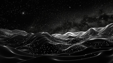 A black and white image of a starry night sky with a mountain range in the background. The stars are scattered throughout the sky, creating a sense of depth and vastness