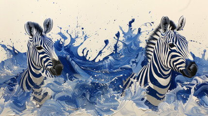 Two zebras are swimming in the ocean with blue and white splashes. The painting captures the beauty and grace of these animals as they navigate the waves - obrazy, fototapety, plakaty
