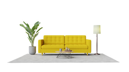 a yellow couch sitting next to a plant