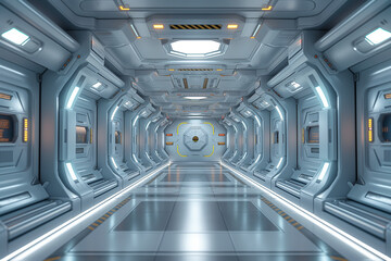Three-dimensional future sci-fi technology sense space capsule blue display space background. Spaceship Interior concept design.