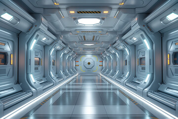 Obraz premium Three-dimensional future sci-fi technology sense space capsule blue display space background. Spaceship Interior concept design.