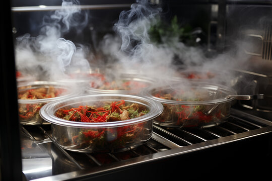 steaming transparent glass containers inside the oven with freshly cooked food