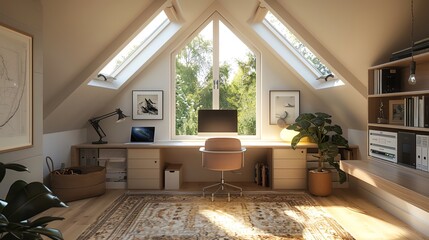 Remote work effects on organizational dynamics showcased in an attic conversion to a fully functional and connected workspace - obrazy, fototapety, plakaty