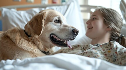 The impact of therapy dogs in hospital settings, showing interactions with patients across different age groups - obrazy, fototapety, plakaty
