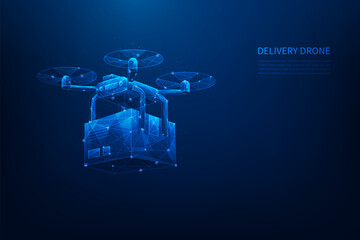 logistic drone package in future technology low poly wireframe. delivery and shopping concept. vector illustration fantastic design on blue background.