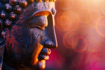 Buddha Purnima and Vesak day concept, Buddha statue with low key light against beautiful and colorful background close up. Meditation copy sapce with generative ai