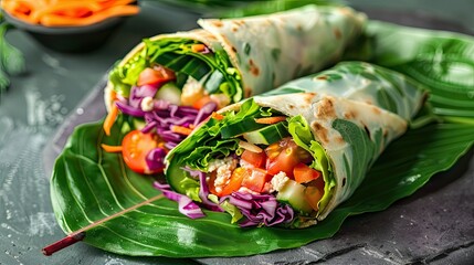 An appetizing vegetarian burrito wrap stuffed with a colorful array of tomatoes cucumber soy meat lettuce purple cabbage and carrots all nestled on a halved banana leaf for that extra touch - obrazy, fototapety, plakaty