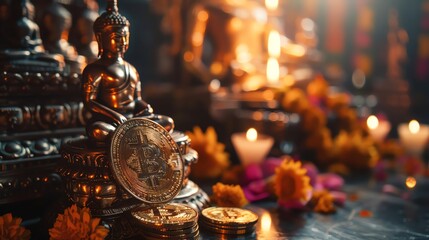 Closeup Buddhism Blockchain for secure transactions ensuring privacy and security for those attending online spiritual retreats or making donations to temples - obrazy, fototapety, plakaty