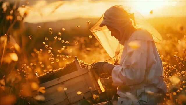 The beekeeper pulls out a frame with honey from the beehive. Apiarist in protective suit holds a honey cells with bees in his hands. Ai generated.