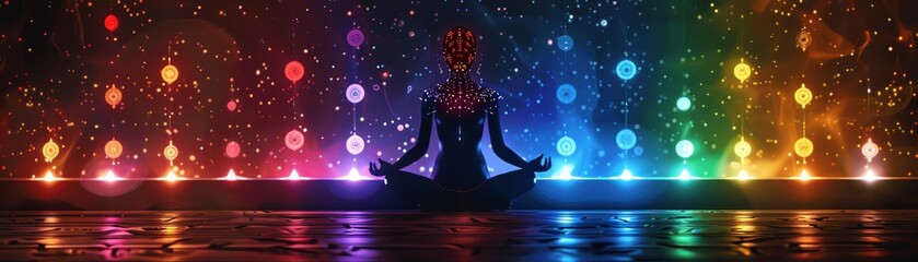 Chakra balancing sessions depicted with advanced holographic technology to visualize energy flow and alignment