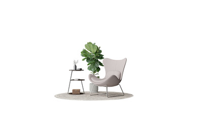 a white chair and a table with a plant