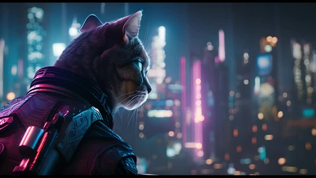 Anthropomorphic fantasy super hero cat in cyborg armor. Fantastic android kitten in cyberpunk style. Technology and future concept.