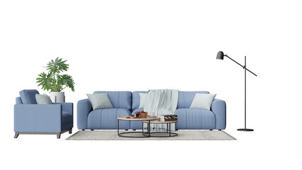 a blue couch and a table with a plant