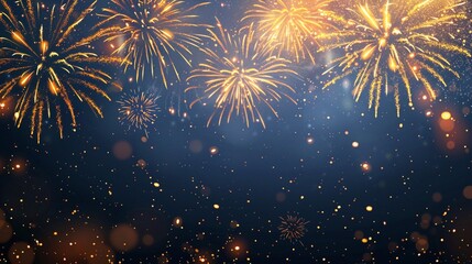 Vector illustration with bright golden fireworks on a dark blue background, Happy New Year Flat style design