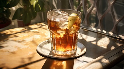 A refreshing glass of iced tea on a sunlit patio table, condensation glistening.