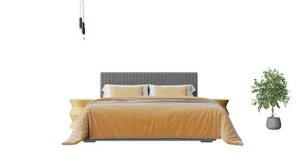 a bed with a yellow comforter and a plant