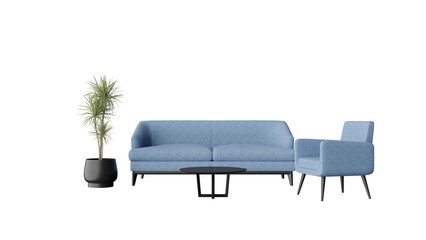 a blue couch and chair with a plant in a black vase