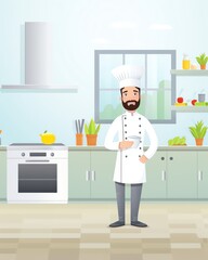 Chef, Chef in white, vibrant kitchen background, 2D cartoon flat design