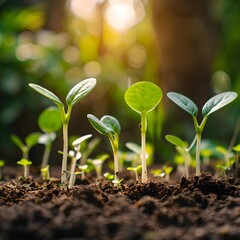 Young plant seedlings emerge from fertile soil, bathed in warm sunlight, depicting the promise of growth and sustainability. - obrazy, fototapety, plakaty