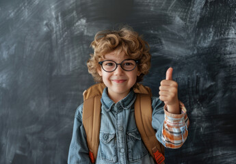 A cute little boy wearing glasses and carrying a schoolbag is smiling while showing a thumbs up on a blackboard background
