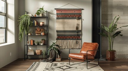 A cozy reading nook is brought to life with a woven wall hanging featuring a bold oversized pattern. Paired with a glossy black metal bookshelf and a leather armchair the space has . - obrazy, fototapety, plakaty