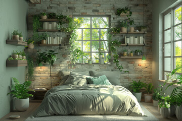 A cozy bedroom with greenery and plants, featuring a white brick wall adorned with hanging vines. Created with Ai
