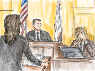 Pastel pencil pen and ink sketch illustration of a courtroom trial setting with judge and defendant, plaintiff, witness crying testifying on a court case drama in judiciary court of law and justice.