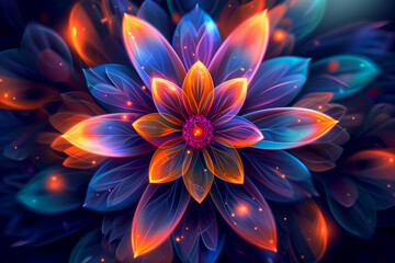 Electric blue fractal art of symmetrical glowing flower on dark background