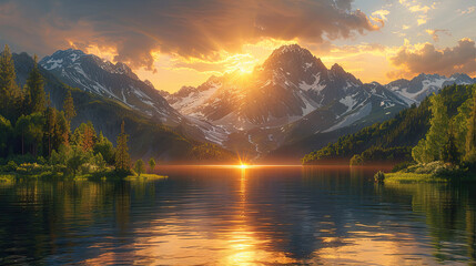 A stunning sunrise over the tranquil waters of an idyllic mountain lake, reflecting in its crystal clear surface with vibrant colors and rays of golden lights. - obrazy, fototapety, plakaty