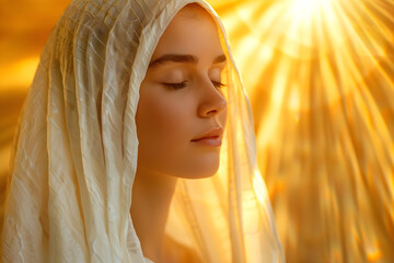 A pure woman dressed in white with the sun behind her head, symbolizing spirituality and faith.