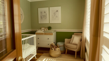 Minimalist nursery in a Melbourne home with soft textures and muted colors, brightened by gentle green tones and morning light.