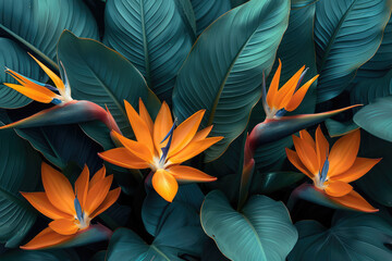 Tropical plants and orange flowers on a dark blue background in a flat lay composition with a closeup, high resolution photograph. Created with Ai