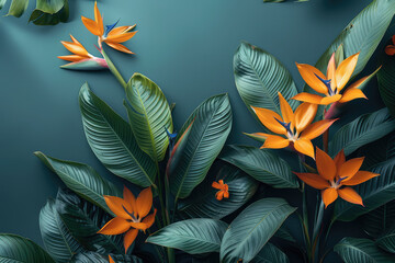  Dark green leaves and orange flowers on a dark blue background, an exotic plants composition in the style of a tropical nature concept banner with copy space area for text design. Created with Ai