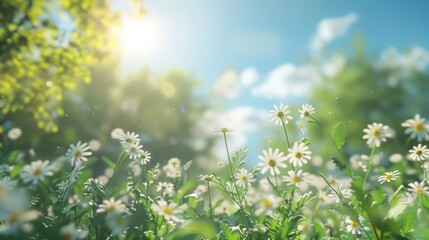 Beautiful spring background nature with blooming glade chamomile, trees and blue sky on a sunny day. High Quality Image