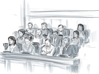 Pastel pencil pen and ink sketch illustration of a courtroom trial setting a jury of twelve 12 person juror on a court case drama in judiciary court of law and justice.