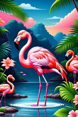 One Flamingo in cartoon style