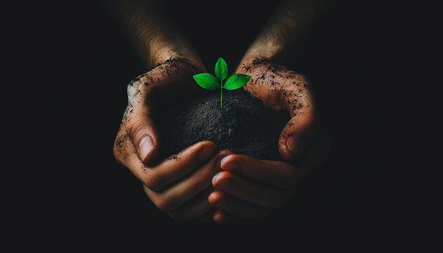 manos con un puño de tierra y una planta en medio, concepto de medio ambiente