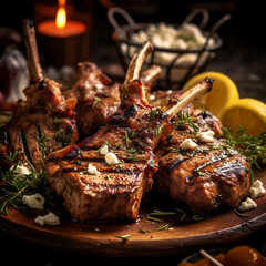 Wooden cutting board with lamb chops, lemons. Pork lamb chops sizzling on barbecue grill. cooking to perfection. Lamb chops. Pork chops on grill. Closeup view of plate of grilled lamb chops