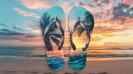 Blank mockup of flip flops with a beachy sunset scene as the s design . - obrazy, fototapety, plakaty